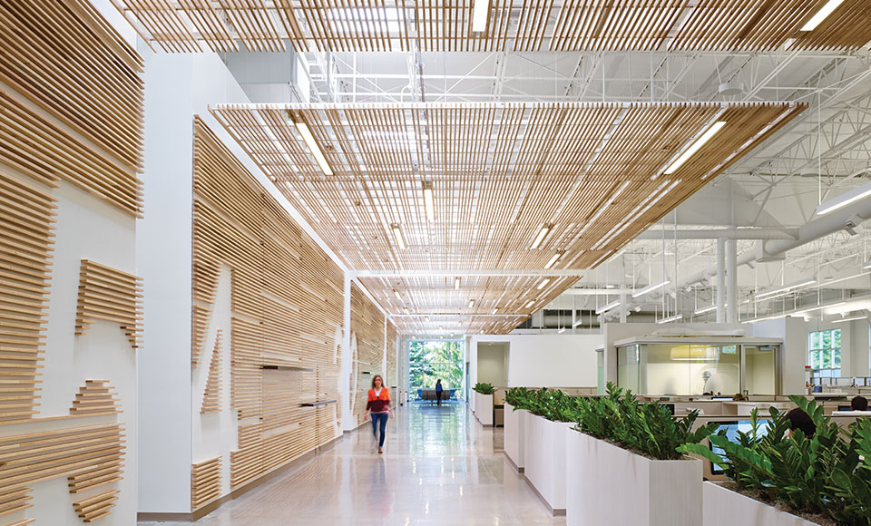 “This is restrained, low-key, and consistent as one strong statement. We love the layering of the private areas with functional areas naturally defining public spaces. It’s an elegant solution.”—Jury. Newell Rubbermaid Design Center, Designer: Perkins+Will, Client: Newell Rubbermaid, Location: Kalamazoo, Michigan