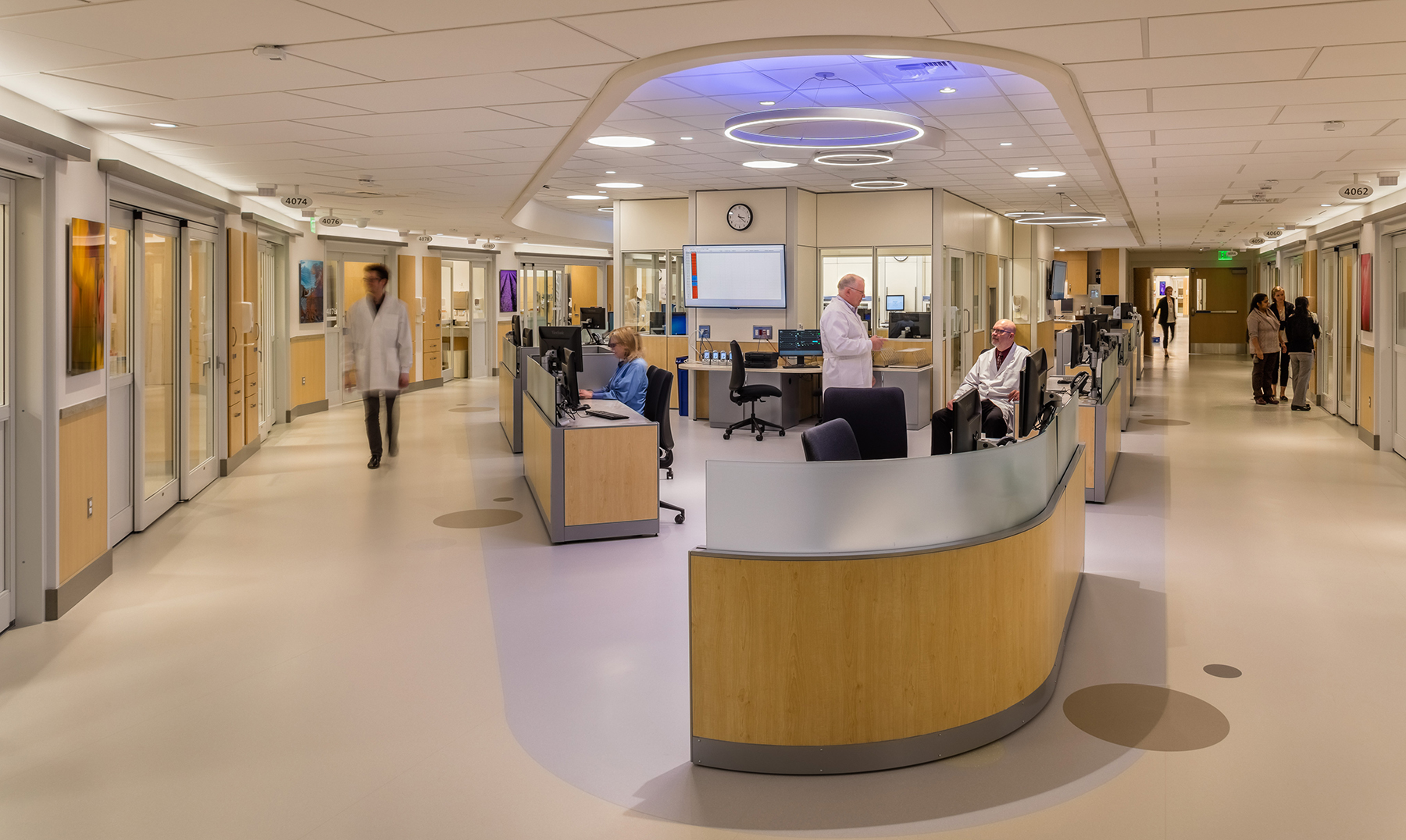  At EvergreenHealth Medical Center in Kirkland, Washington, lighting in the patient room corridor and nurse station is controlled in multiple zones to allow high light levels during the day and reduced light levels at night. Desk-specific lighting pr