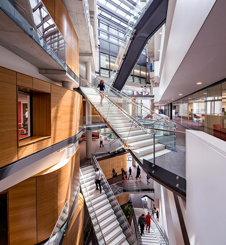Payette’s Milken Institute School of Public Health at George Washington University in Washington, D.C. The building, which is 161,000 square feet and LEED Platinum, uses 64% less energy than the norm. 87% of survey respondents say the building reinforces a healthy lifestyle. Courtesy Payette