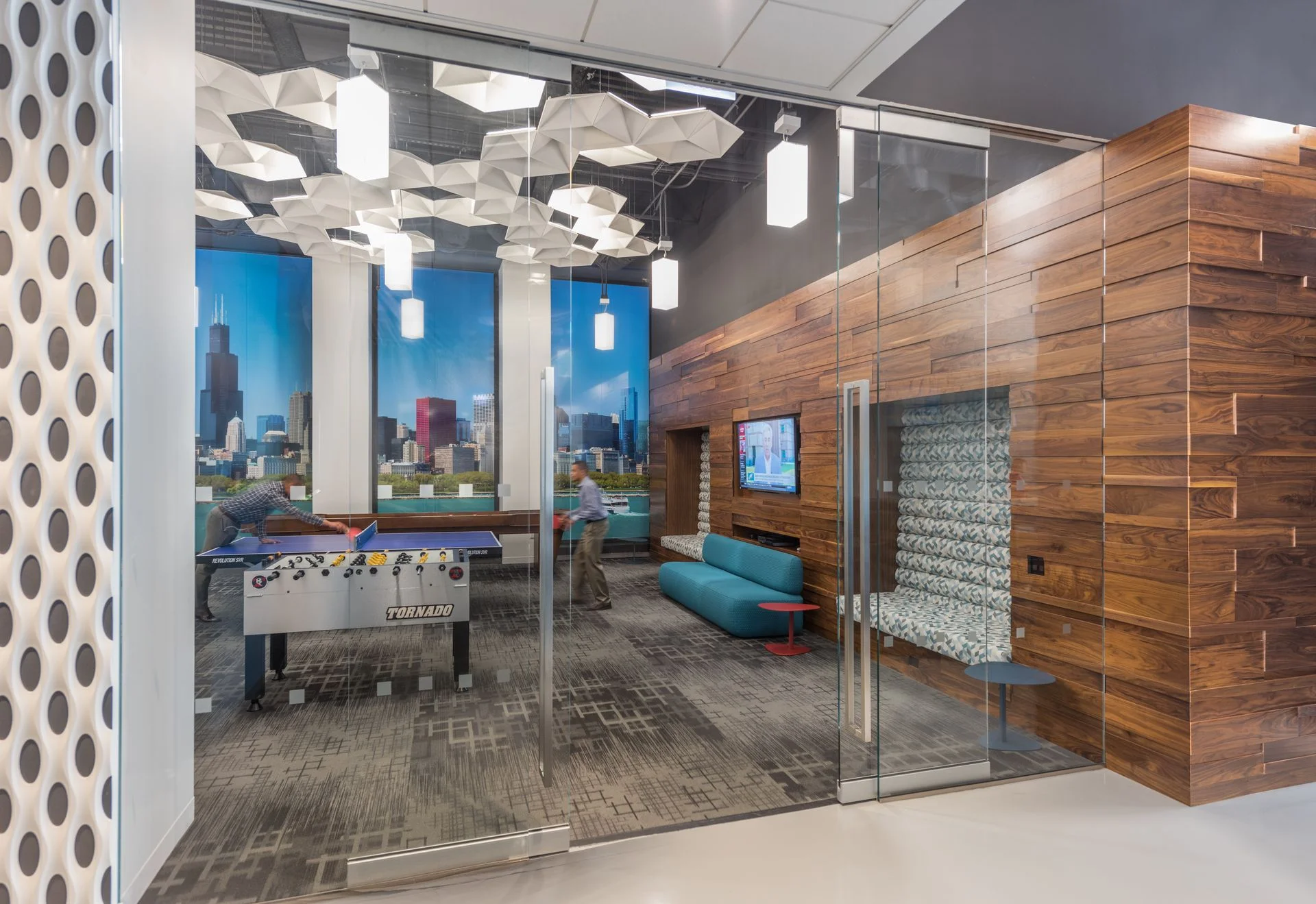 The game room at 222 Riverside in Chicago. Commercial real estate services and investment firm CBRE predicts 59.7 million square feet of office space will open before next year, which would be the largest annual addition since 2008. James Steinkamp Photography