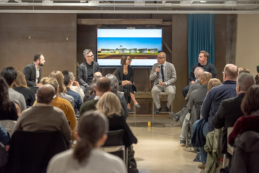 The panelists, from left to right: Zachary Edelson, digital content strategist, Metropolis; Andrew Balster, Chicago office leader, CannonDesign; Natasha Krol, principal, MindSharePartners; George Aye, co-founder and director of innovation, Greater Good Studio; Robert Benson, design principal, CannonDesign. Courtesy Laura Peters