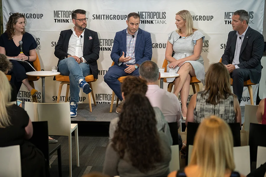 The conversation was held at SmithGroup’s Washington, D.C. office in July. The panelists were (from left to right) Lila Allen, managing editor, Metropolis; Nicholas Stefanelli, owner, Stefanelli Restaurant Group; Jackson Prentice, senior vice president of portfolio management, Carr Properties; Molly Ketcham, managing director of strategic planning and operations, Accenture Federal Services; and John Crump, D.C. workplace studio leader and principal, SmithGroup. Mark Finkenstaedt