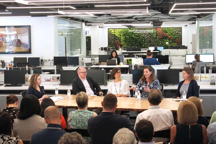 Panelists at the discussion included (left to right) Lila Allen, managing editor, Metropolis ; Stephen Beacham, director of design for interiors, HOK; Caroline Pelley, design and space standards lead, Wells Fargo; Michele Kolbinsky, director of corporate services, Freddie Mac; and Tina Walker, director of real estate and facilities, BAE Systems. Courtesy HOK