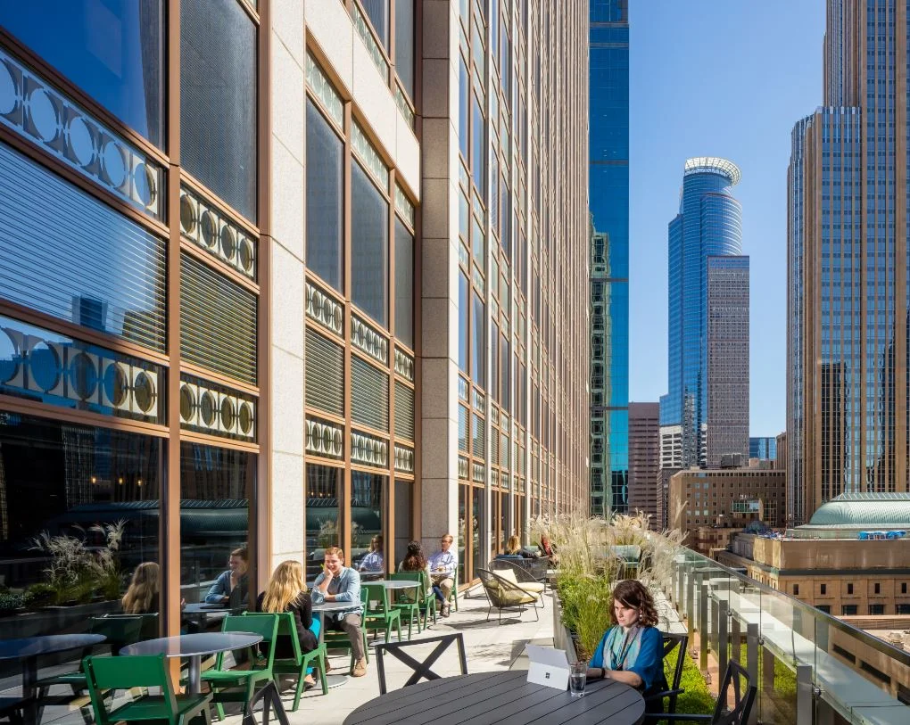 How and where employees work continues to evolve, supported by integrated technology. @9 Amenity Center, Fifty South Sixth in Minneapolis by DLR Group. Photo by Brandon Stengel.