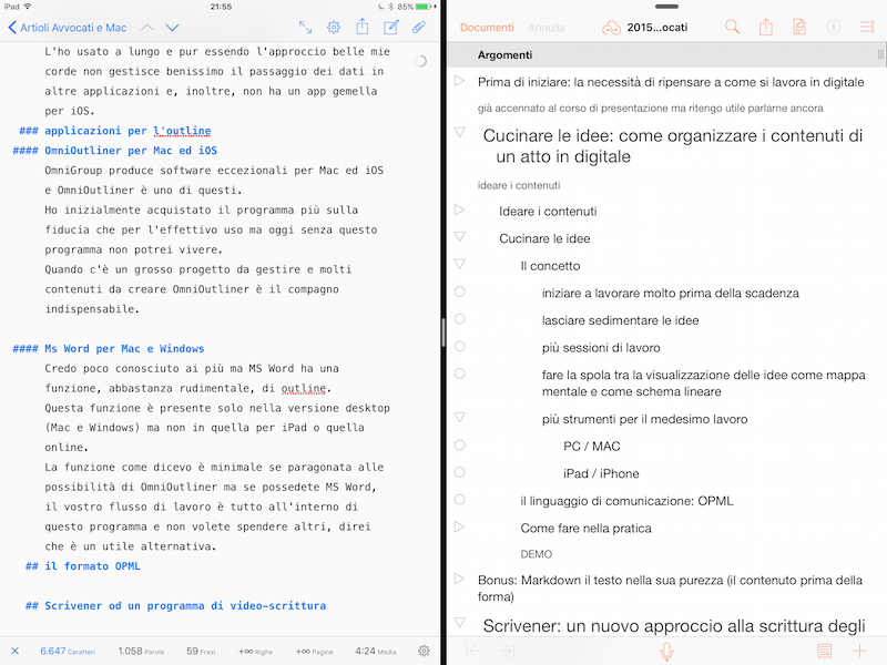 Split View in iOS sulla sinistra Ulysses e sulla destra OmniOutliner