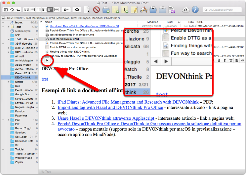 DEVONthink Pro Office: navigazione avanti ed indietro tra i documenti collegati