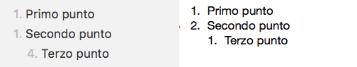 Esempio di elenco numerato con sotto-elenco (markdown a sinistra e visualizzazione a destra)