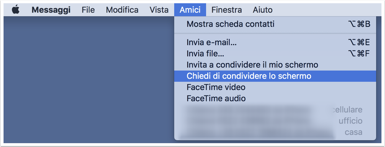 Stabilire una condivisione dello schermo via Messaggi dal menù dell’applicazione
