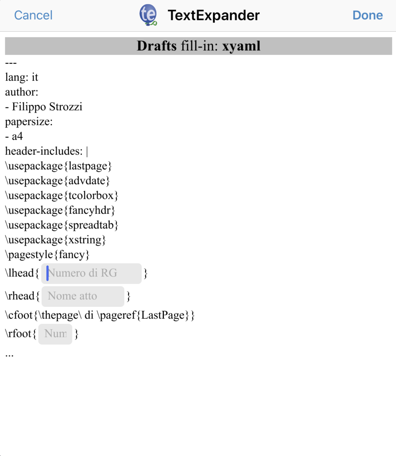 Espanzione dello snippet per la completare manualmente l’intestazione YAML