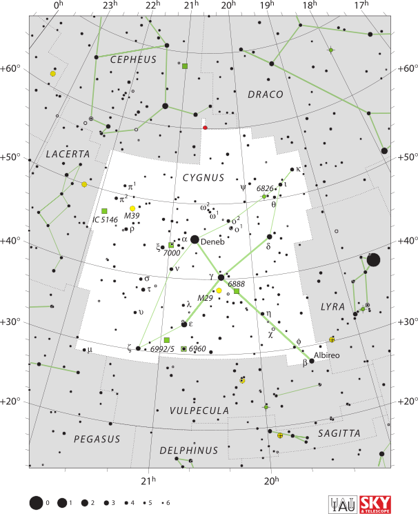 Map of the constellation Cygnus, from Sky & Telescope magazine (Roger Sinnott & Rick Fienberg)