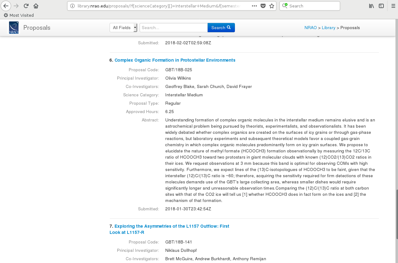 Screen shot of my accepted GBT 2018B abstract in the NRAO proposal library.