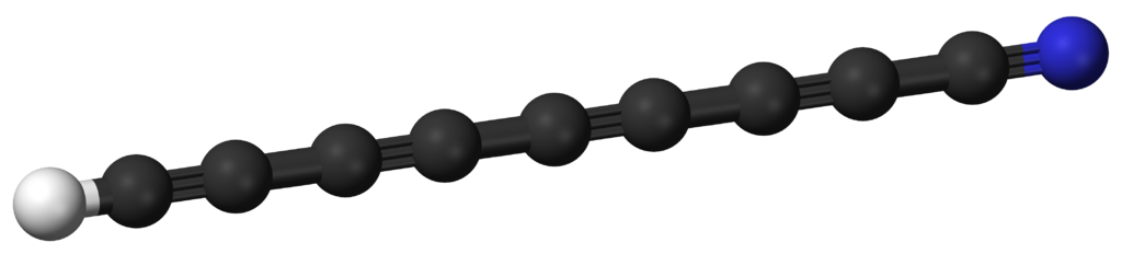 Ball-and-stick model of cyanooctatetrayne, or HC9N. Hydrogen is shown in light grey, nitrogen in blue, and carbon in black.