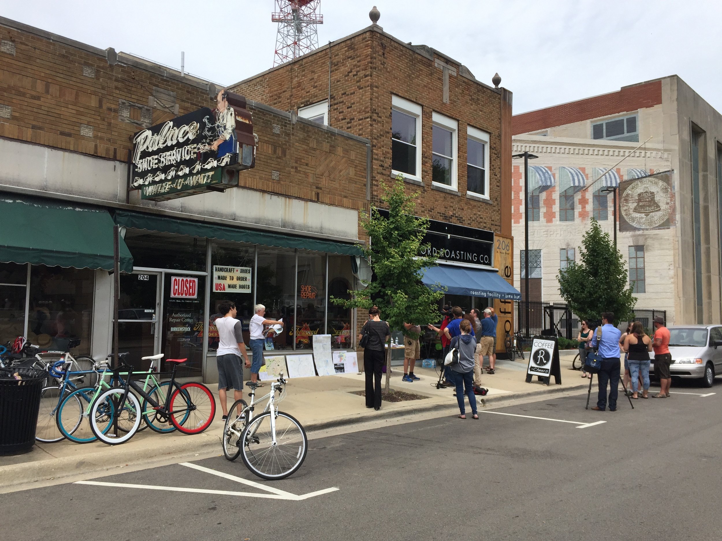 In July Jennifer organized a ‘Rally at The Roaster’, an event at our local coffee roaster to promote a bicycle path on a heavily-used thoroughfare in Rockford. It was the first smattering of bicycles we saw since Copenhagen, and it was amazing to have news networks arrive and get the word out. 