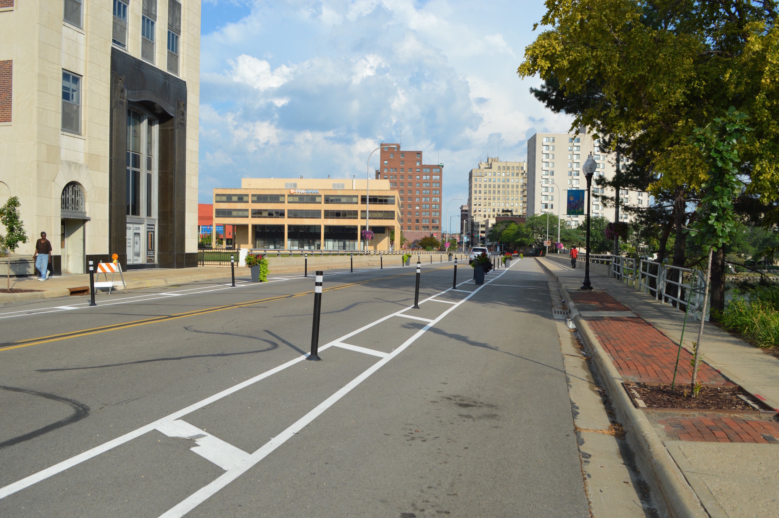 State Street, looking west. This temporary bike lane has been applied each year for the past three years.