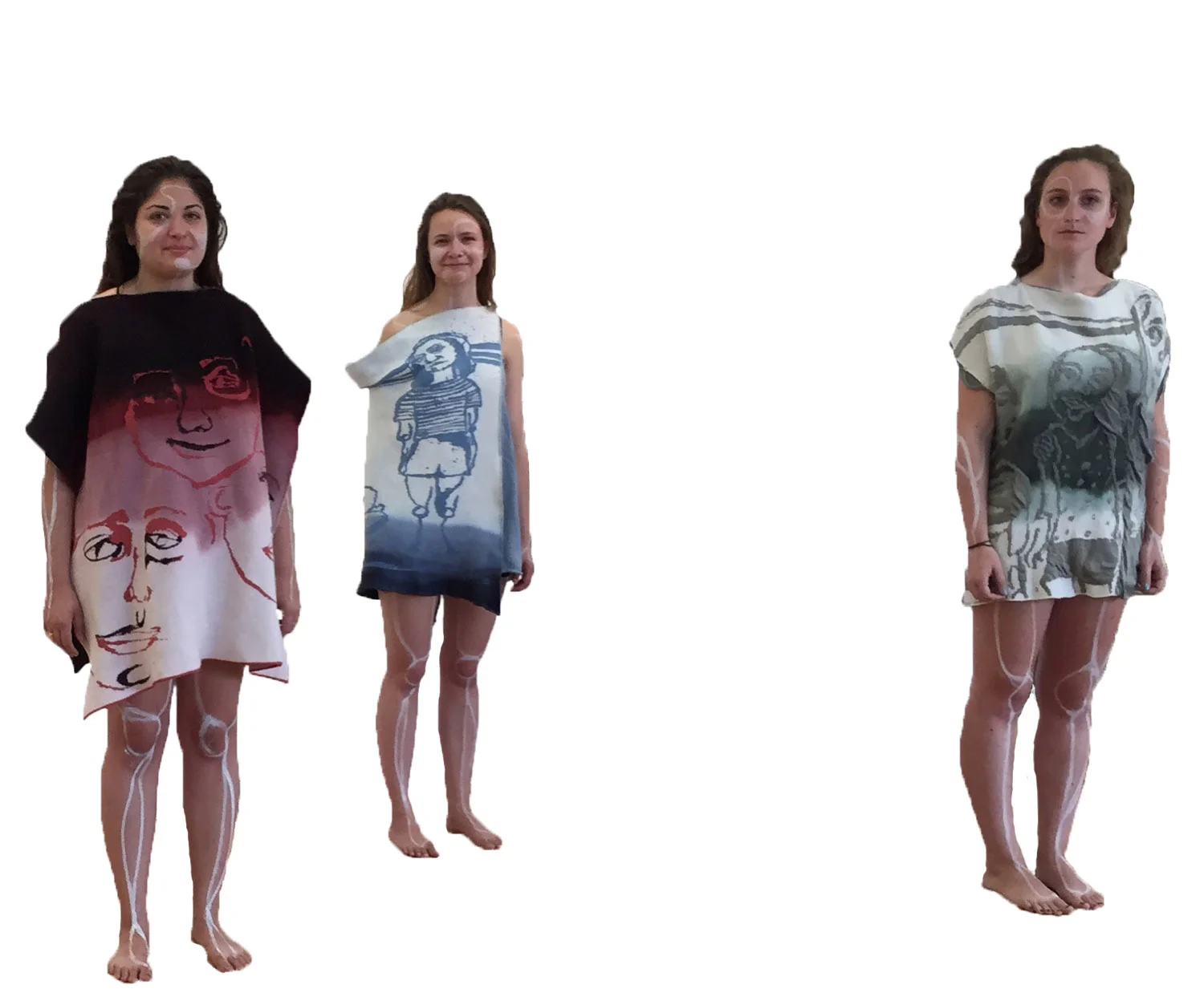   Stoll Knit Rayon and Wool;&nbsp;2015   I chose to display the pieces on models as a way to animate them. The drawings in the knits are based on photographs and memories of myself and my sisters. I painted the model's bodies as a way to connect each