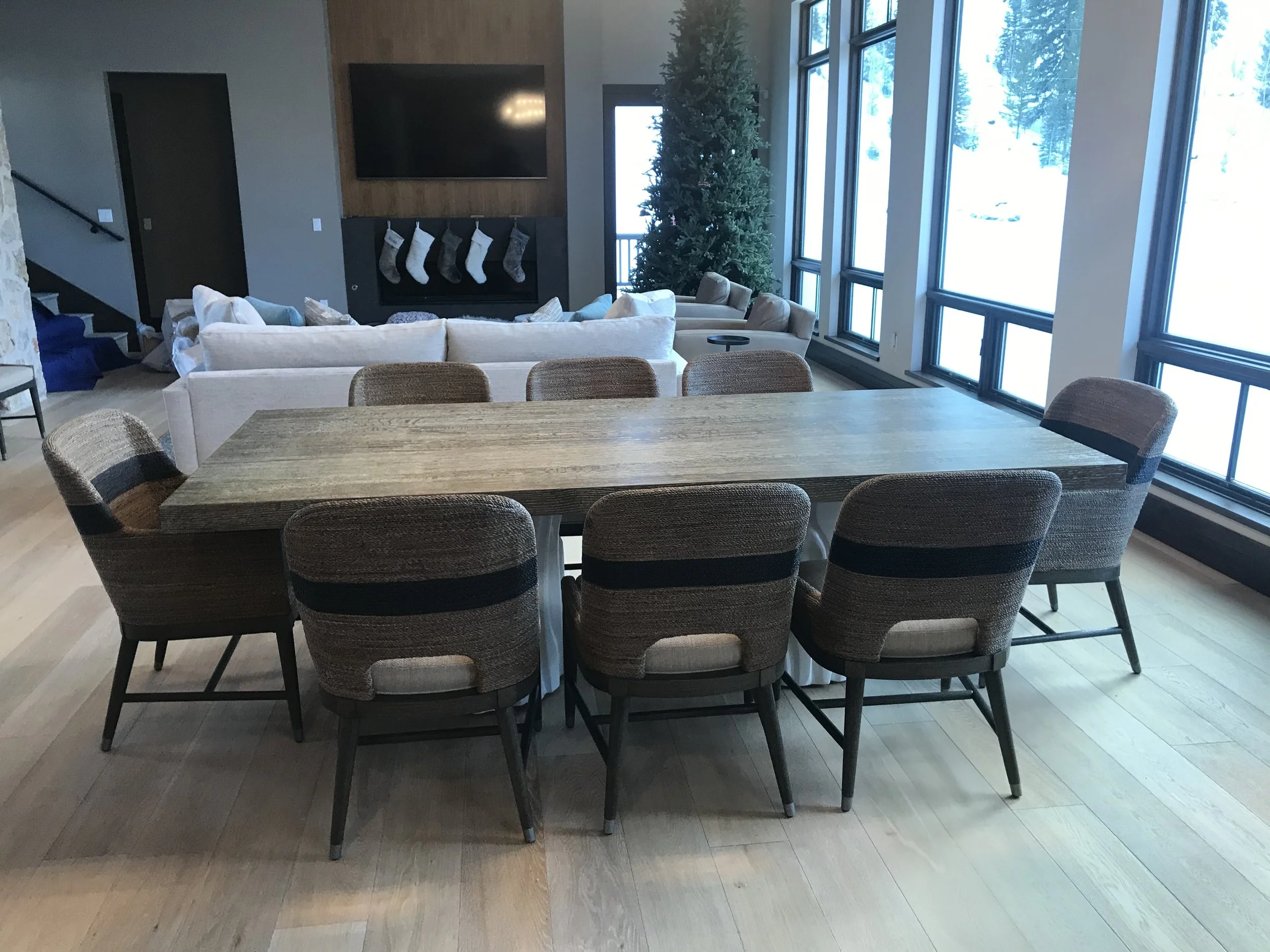 Nubby, organic textures were incorporated throughout the home to add warmth and texture. This set of hand-twisted lampakanai rope chairs designed by Kirk Nix for Palecek were the perfect complement to the dining table.