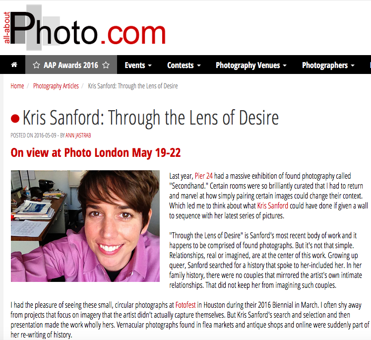 All-About-Photo.com, May 9, 2016 Full article: Kris Sanford: Through the Lens of Desire