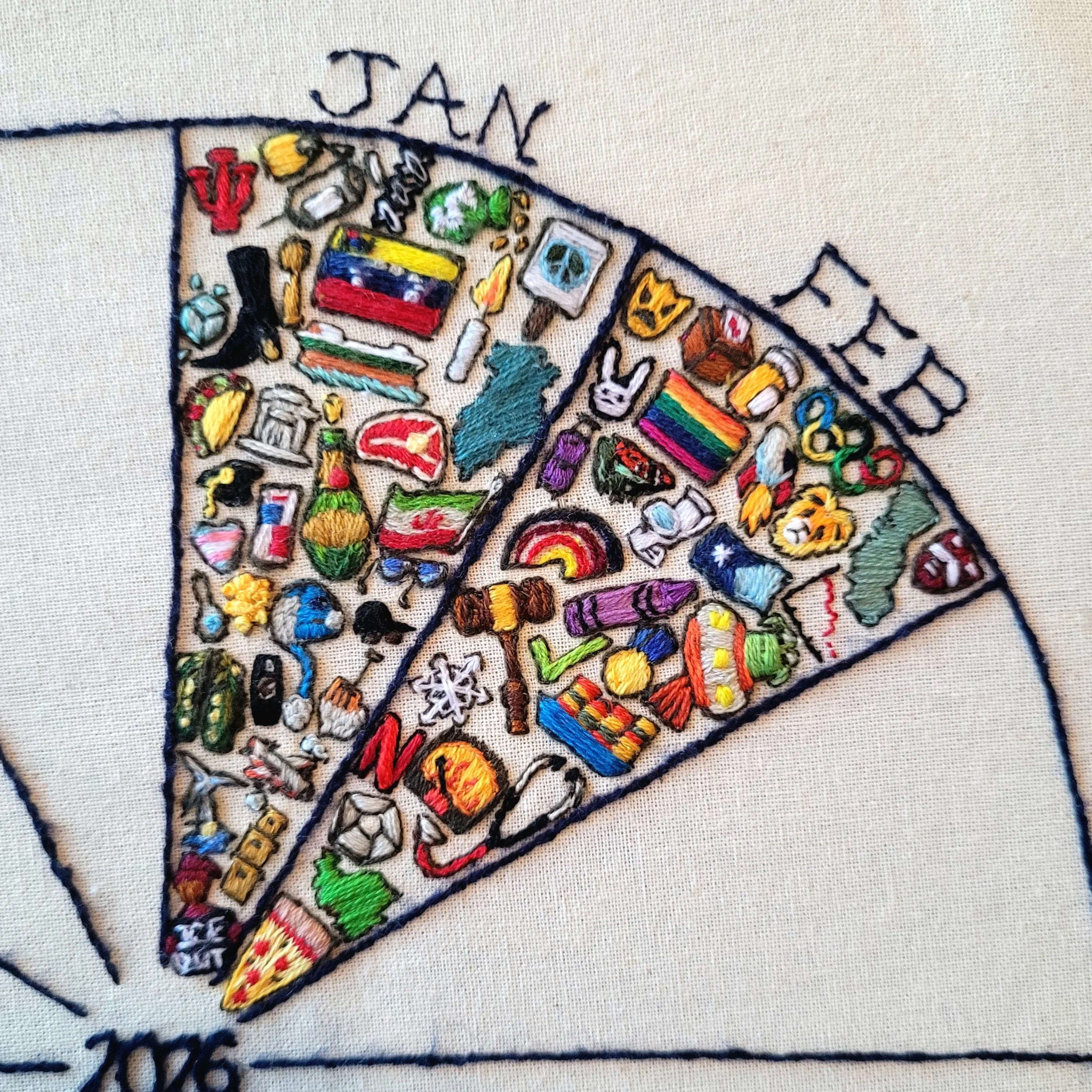 A canvas stitched in a pie, with sections for each month. January and February are filled in with tiny embroidered icons representing each day.
