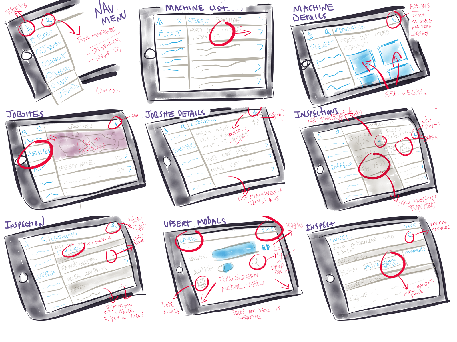 A few examples of quick sketches to flush out the basic design concept.