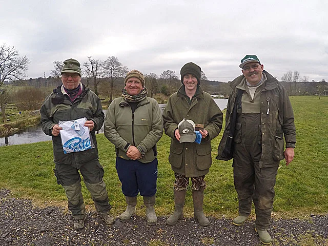Bank Masters - Left to Right: 2nd - Alan Jukes, 1st - Chris Short & 3 rd - Toby Bennett. Far Right - £50 tagged Trout winner, Gavin Argyle.