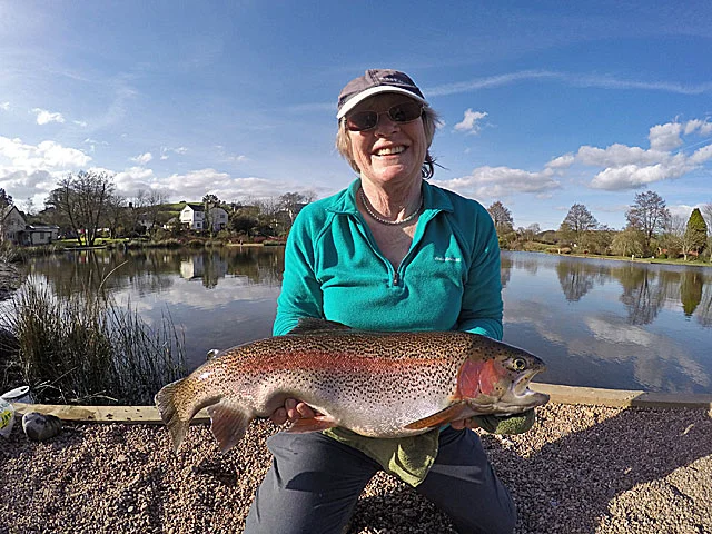 Fran Eastwood with her 8lb 8oz Rainbow landed using Buzzer tactics