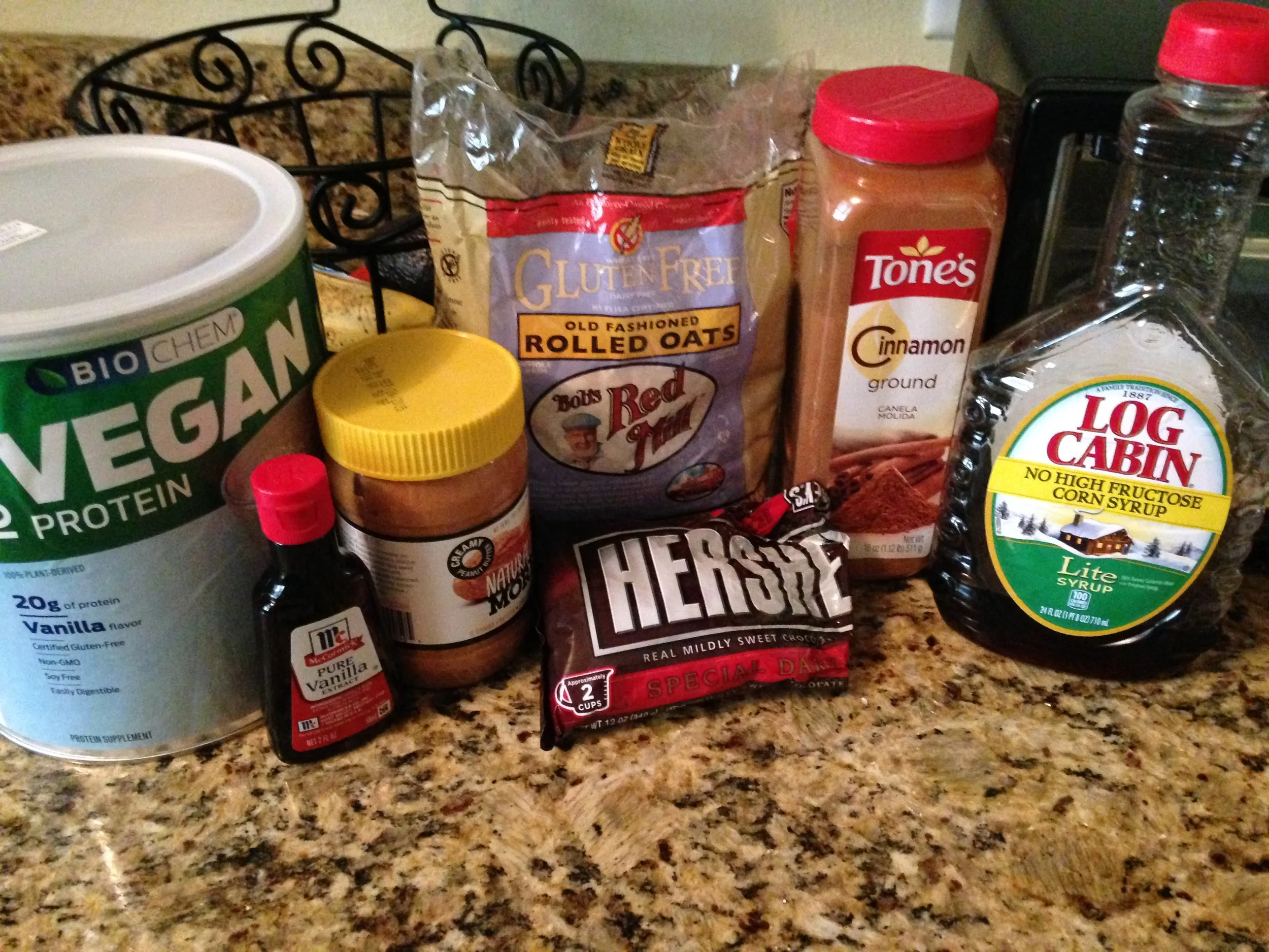 All the ingredients needed for the protein bars (Silk Unsweetened Almond Milk not pictured)