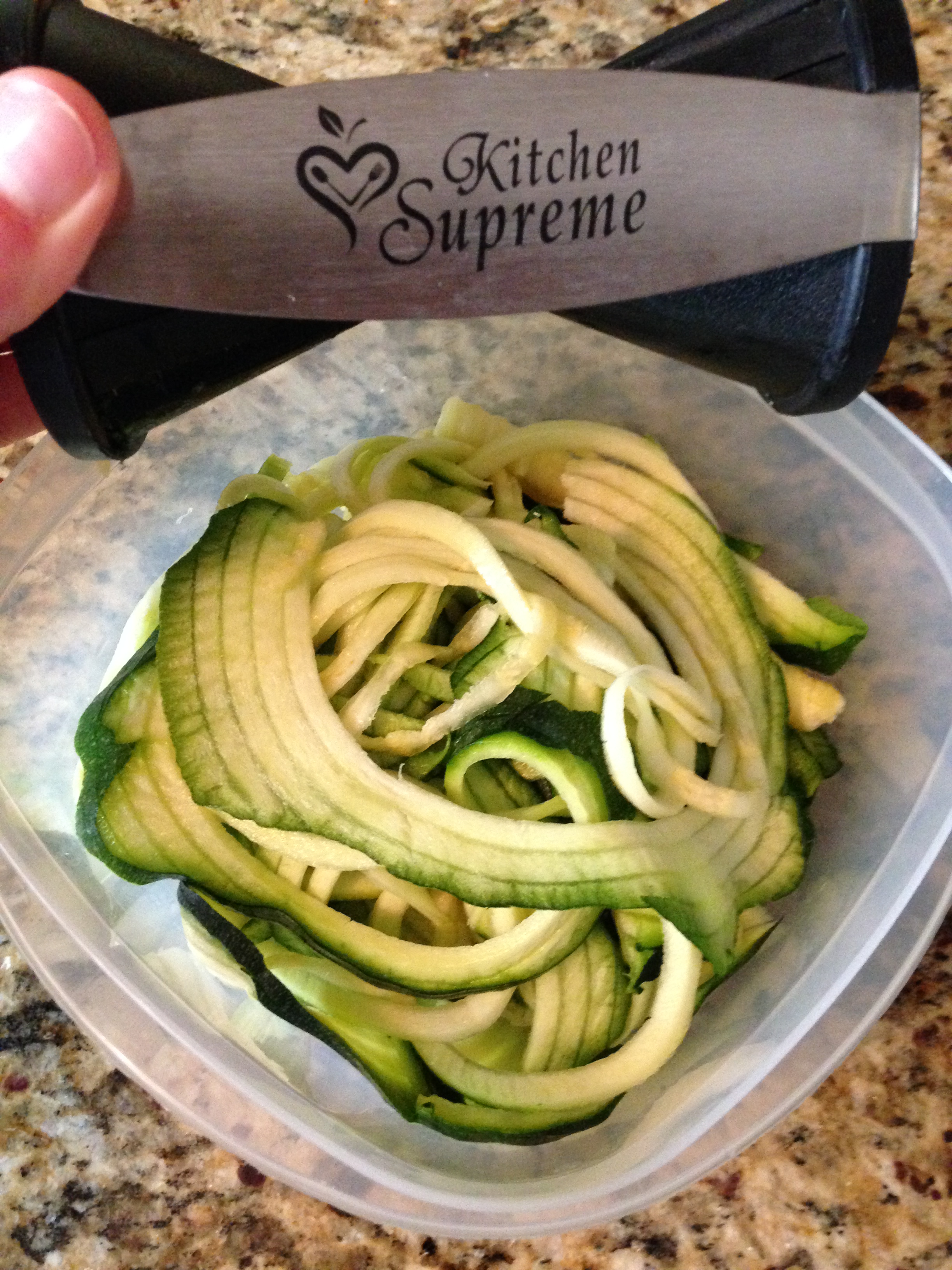 Prepared single-serve portion of Zoodles for lunch tomorrow! Made possible by my amazing Kitchen Supreme Spiralizer!