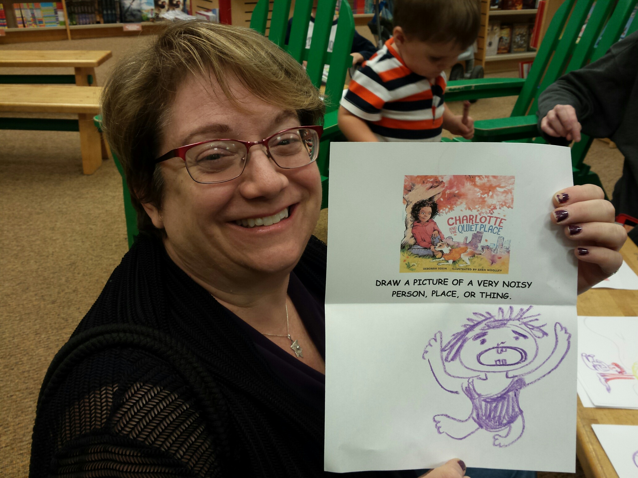 Phyllis draws a noisy person.