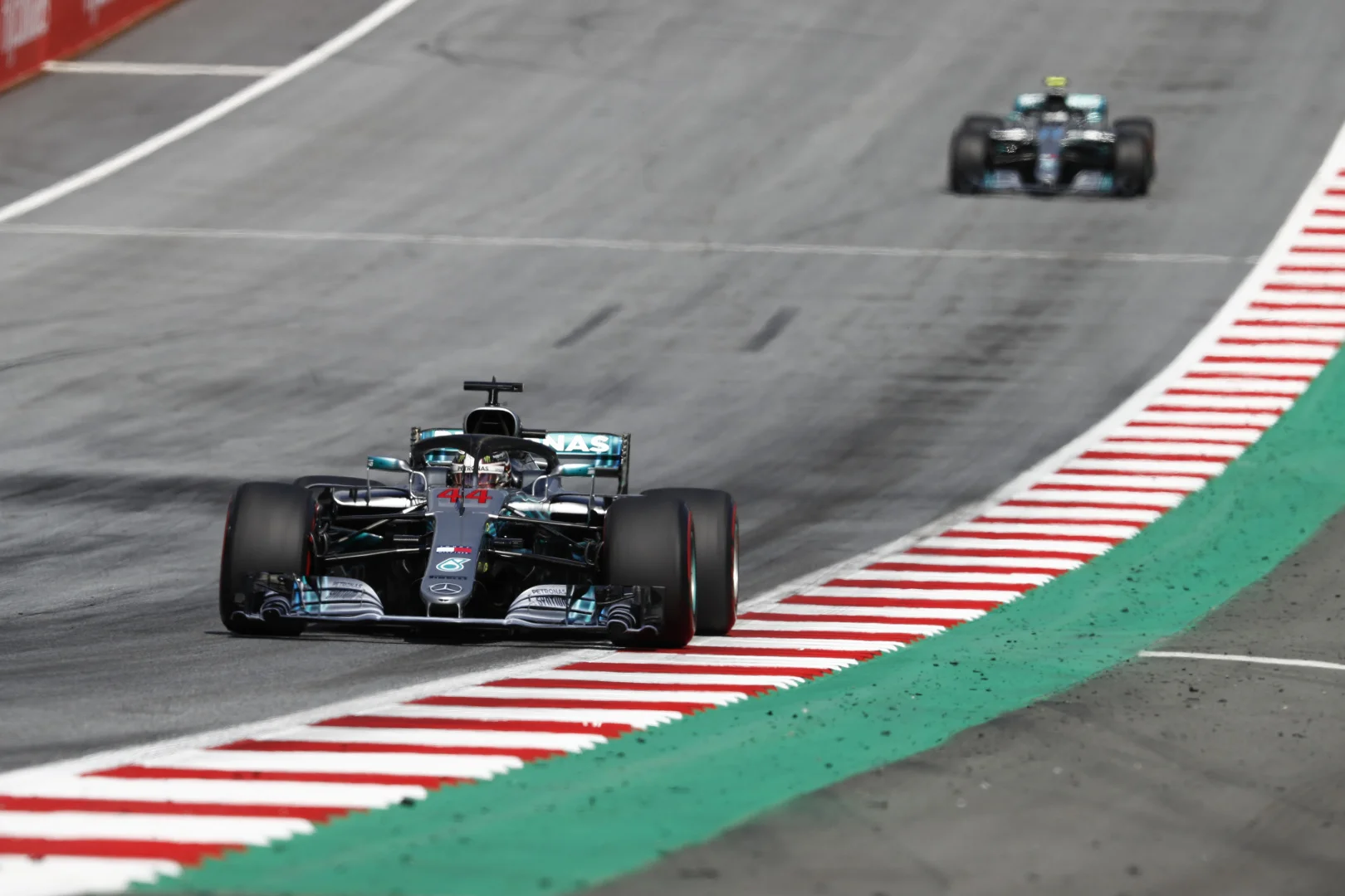 Lewis Hamilton leading Valtteri Bottas, Austrian Grand Prix. Photo: Steve Etherington