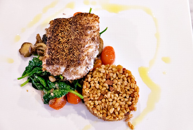 One of The Durham House's most inventive dishes is the grouper filet encrusted with spent malt from Buffalo Bayou Brewing Company. Photo by Phaedra Cook