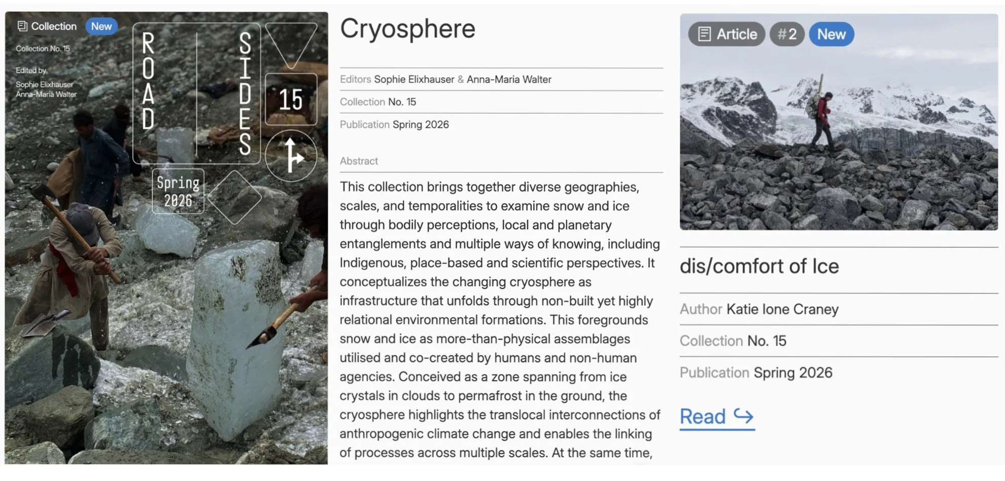 An image and text featuring the cover of a new series about ice. On the left, people chip large blocks of ice from a glacier with axes. On the right, a detailed image from the publication shows a person walking on a glacial moraine.