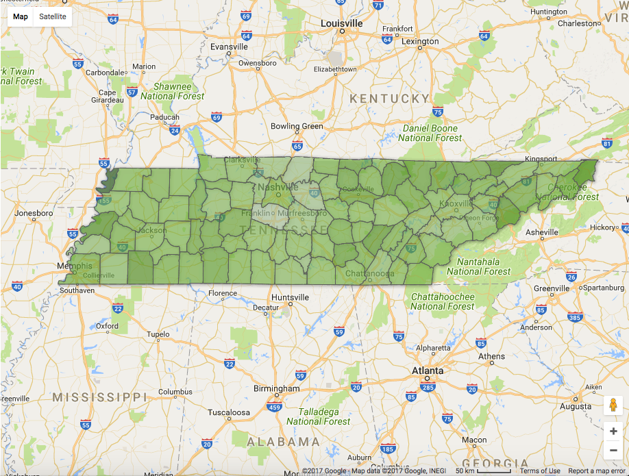 This map, created in Google Fusion Tables, shows the distribution of poverty across the state of Tennessee. The map shows that certain counties along the border of the state are stricken with drastically higher poverty levels than those counties in …