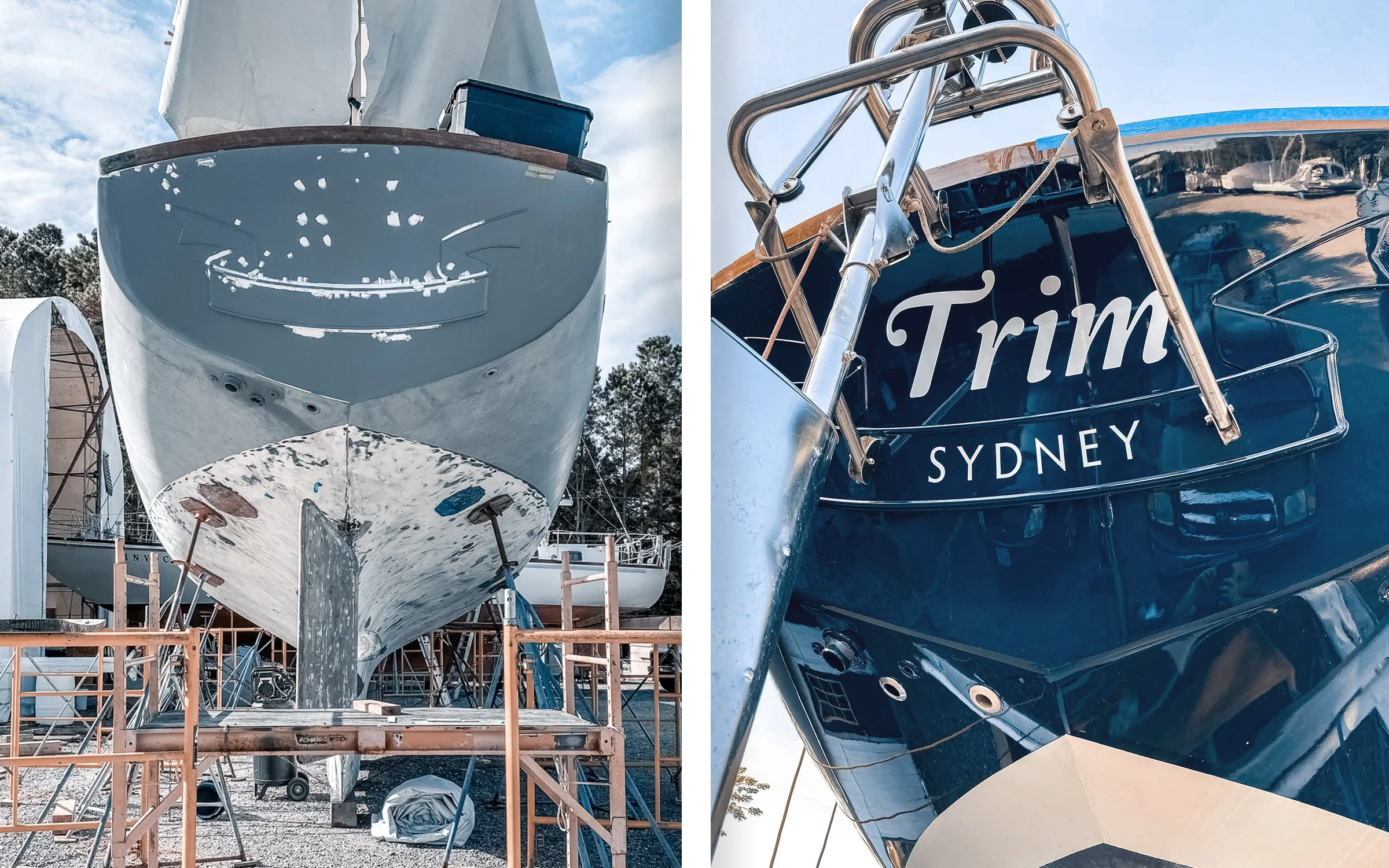 Two images of a yacht in a shipyard: the left shows the underbelly with scaffolding; the right features the stern labeled 'Trim Sydney' with polished metal fittings.
