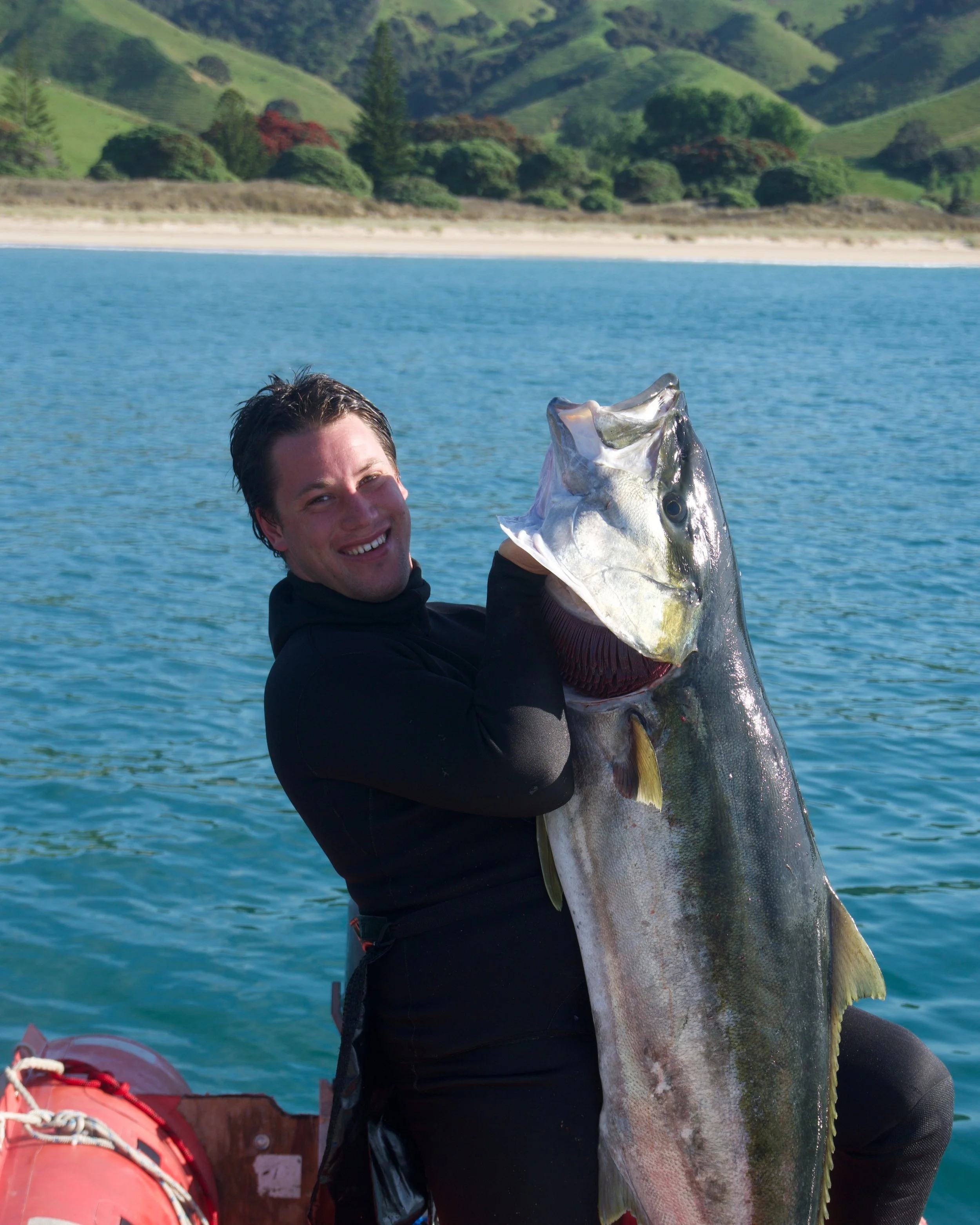 Modern wooden cabin in a mountainous landscape with large glass window, surrounded by natural vegetation.