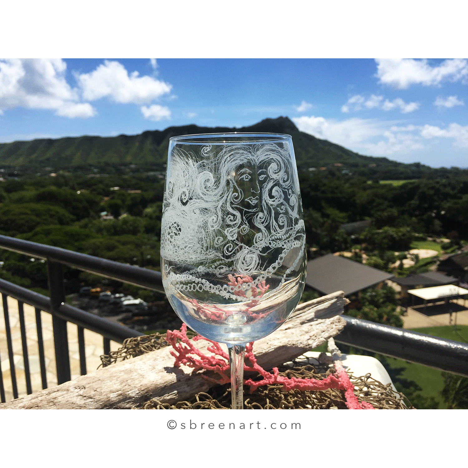 Hand-etched wine glass