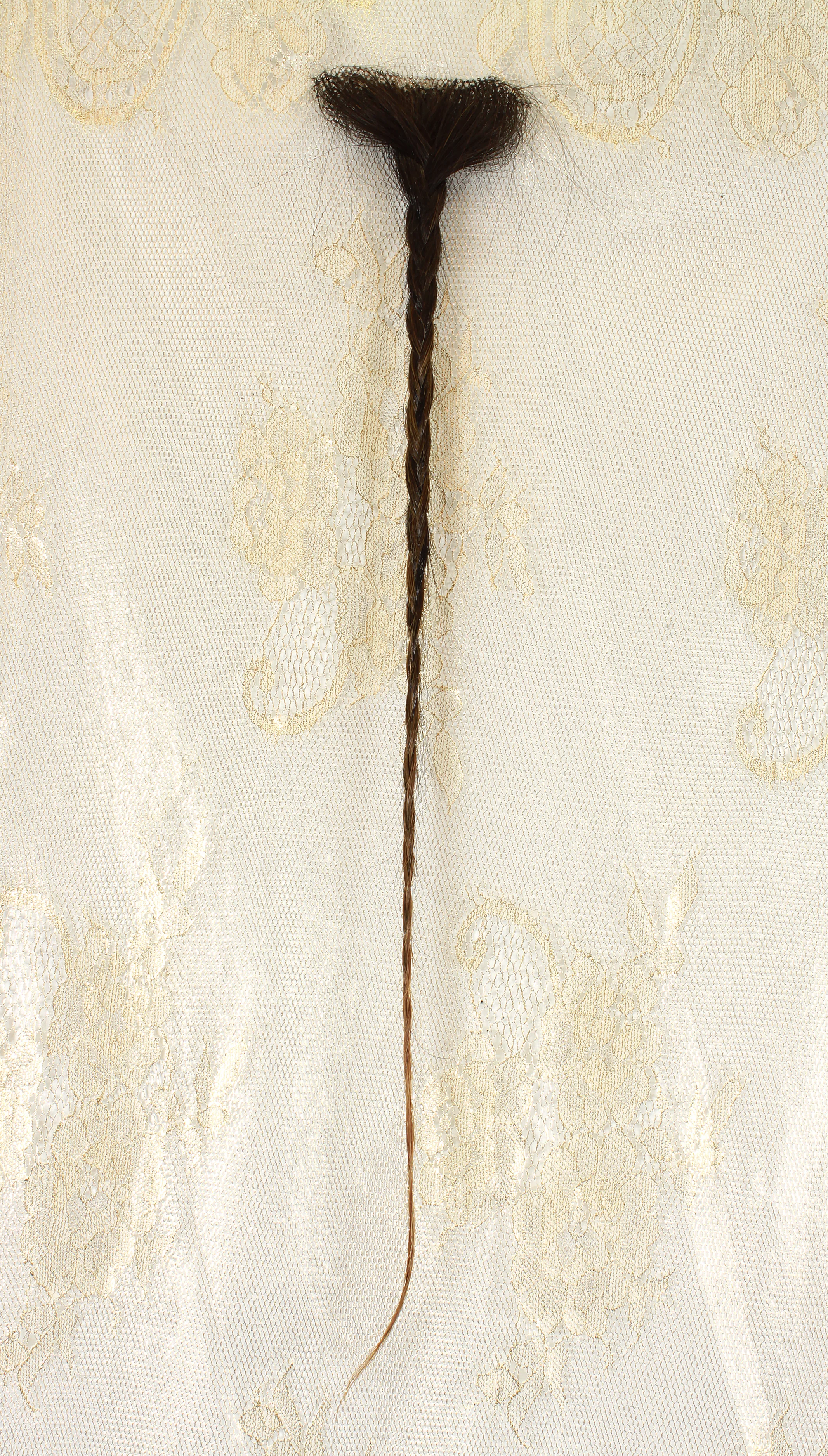 Braid , 2017 Human hair, synthetic hair, nylon lace Lace is approximately 25” x 16”