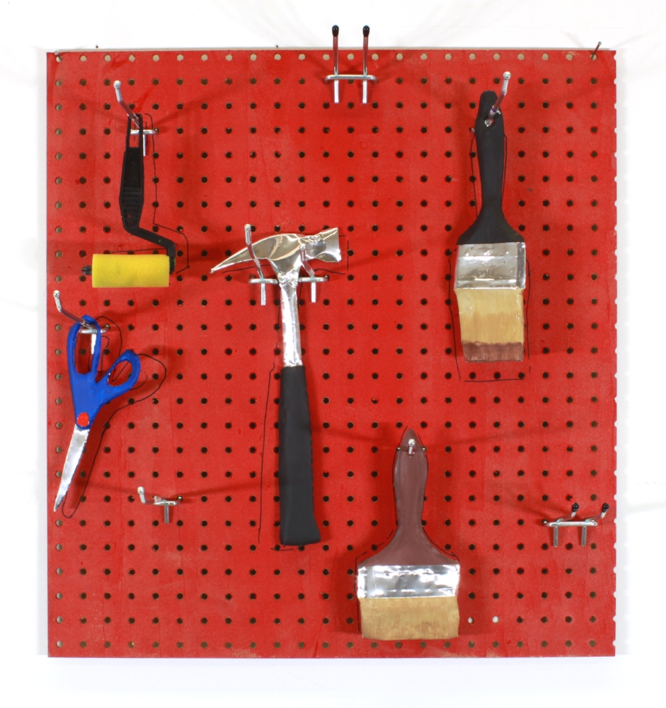  Detail of  Man-Cave 2  (tools) ,  2017 Aluminum, acrylic paint, pegboard and hardware Pegboard is approximately 25” x 26” 