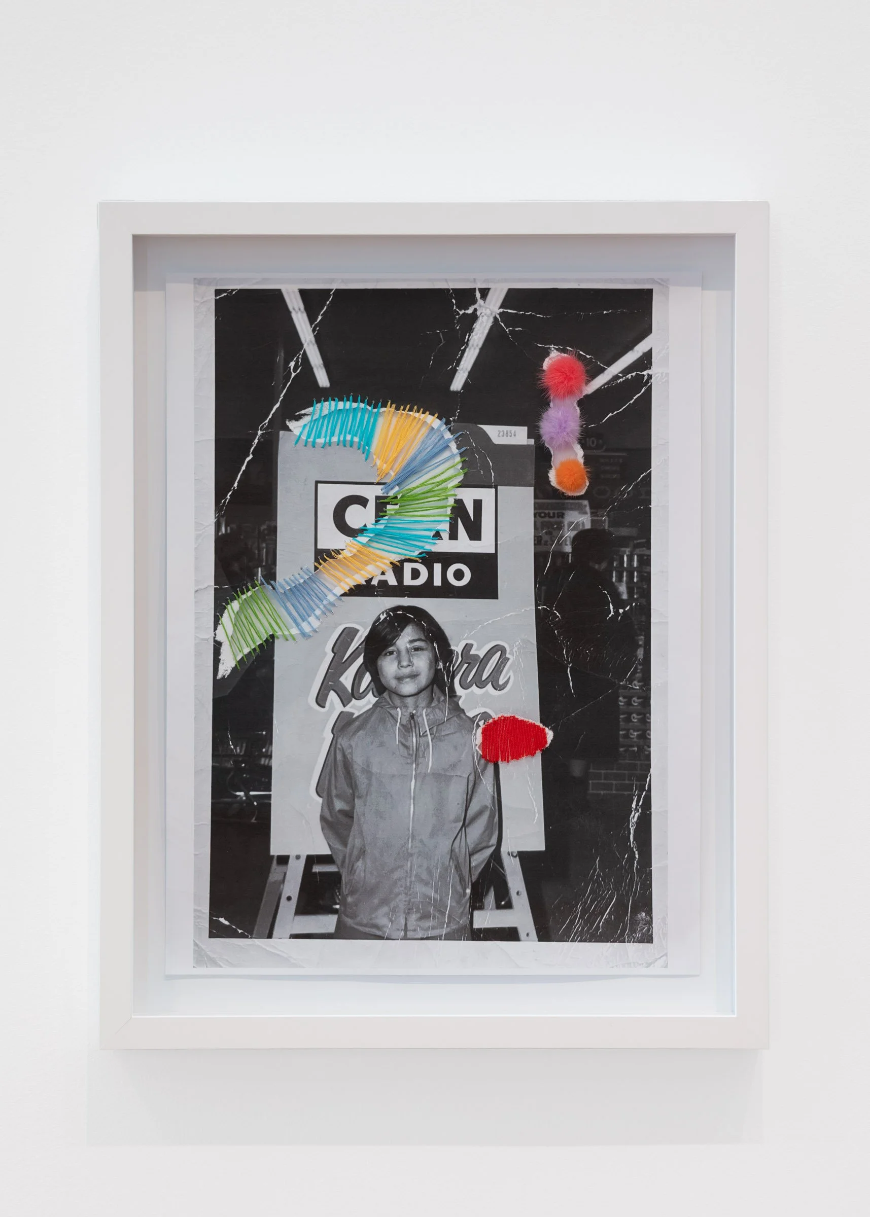 Michelle Sound, nikâwîs (little mother), 2026 (detail), embroidery thread, caribou tufts, seed beads, monochrome print on paper 25½ x 20¼ inches