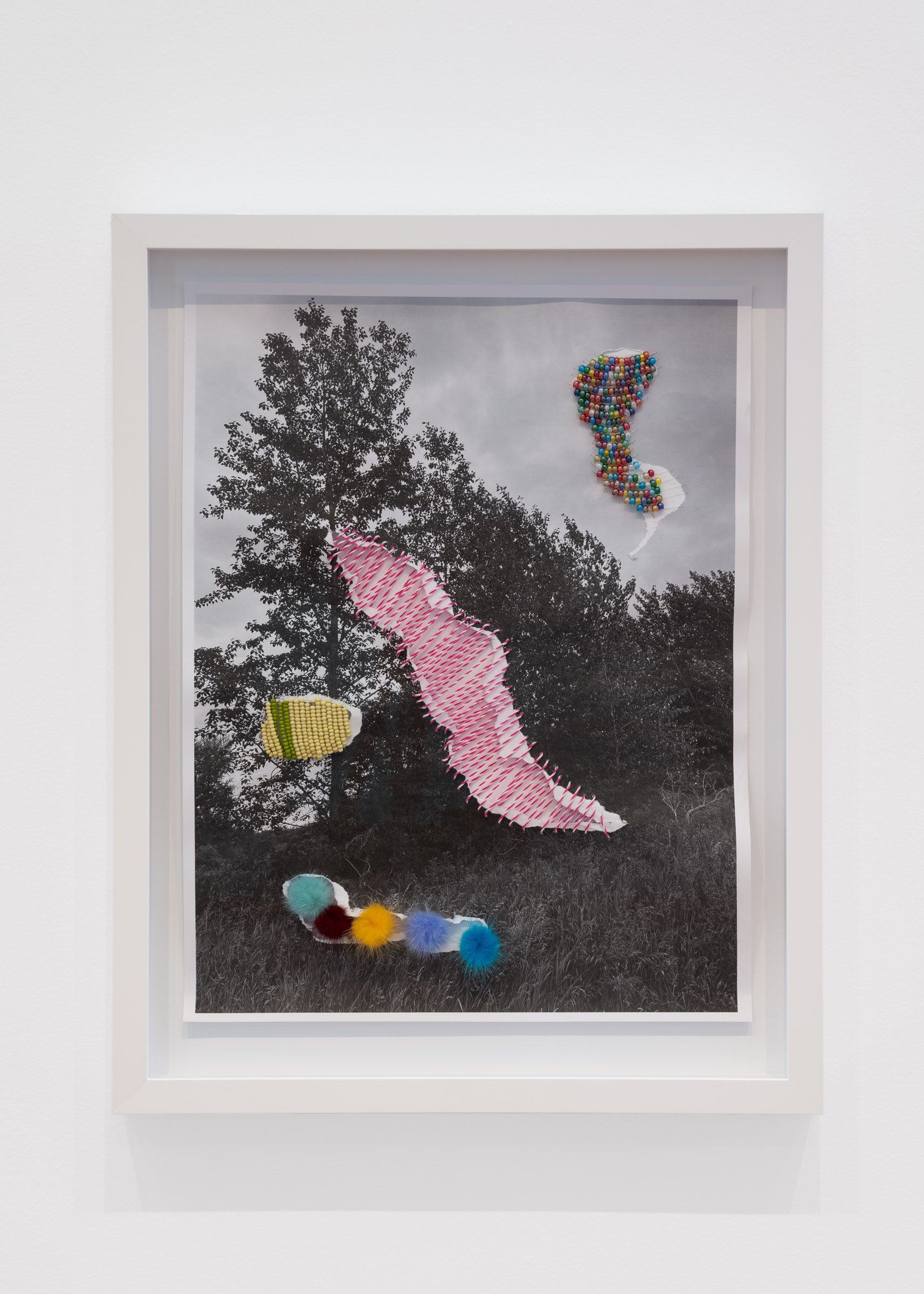 Michelle Sound, nikâwîs (little mother), 2026 (detail), embroidery thread, caribou tufts, seed beads, monochrome print on paper 25½ x 20¼ inches