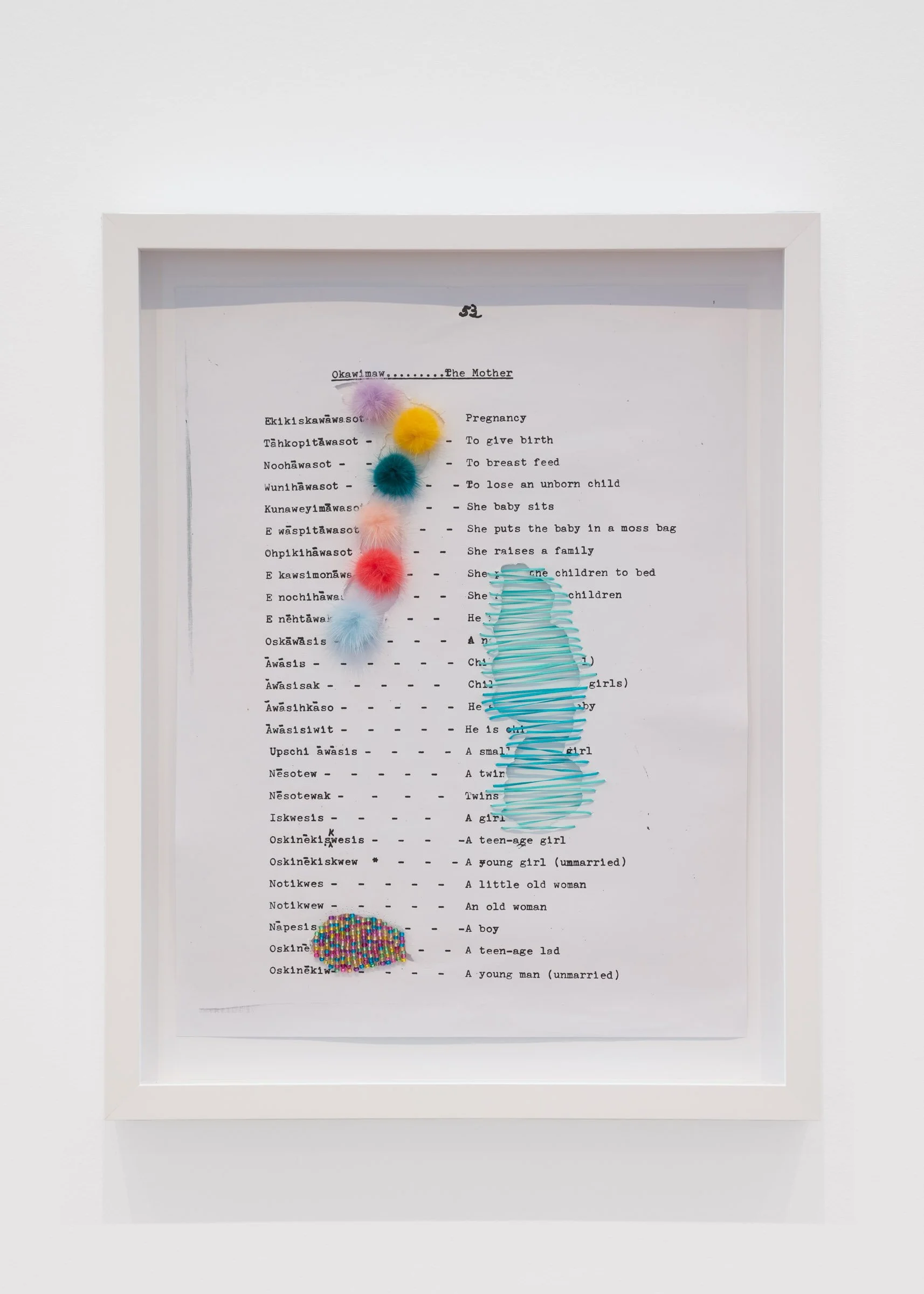 Michelle Sound, nikâwîs (little mother), 2026 (detail), embroidery thread, caribou tufts, seed beads, monochrome print on paper 25½ x 20¼ inches