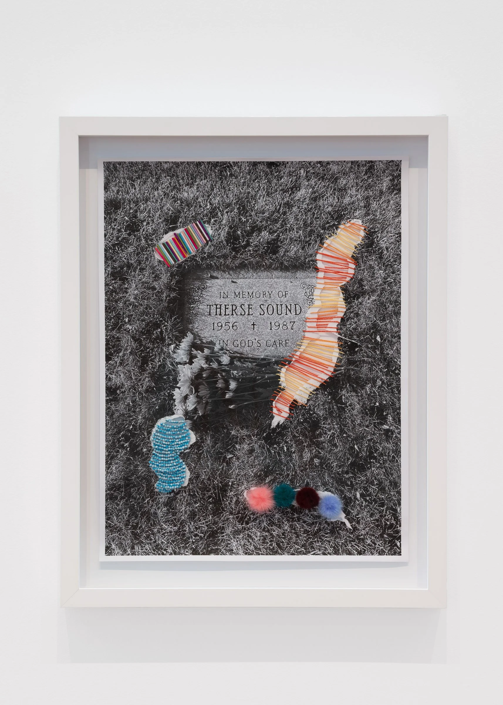 Michelle Sound, nikâwîs (little mother), 2026 (detail), embroidery thread, caribou tufts, seed beads, monochrome print on paper 25½ x 20¼ inches