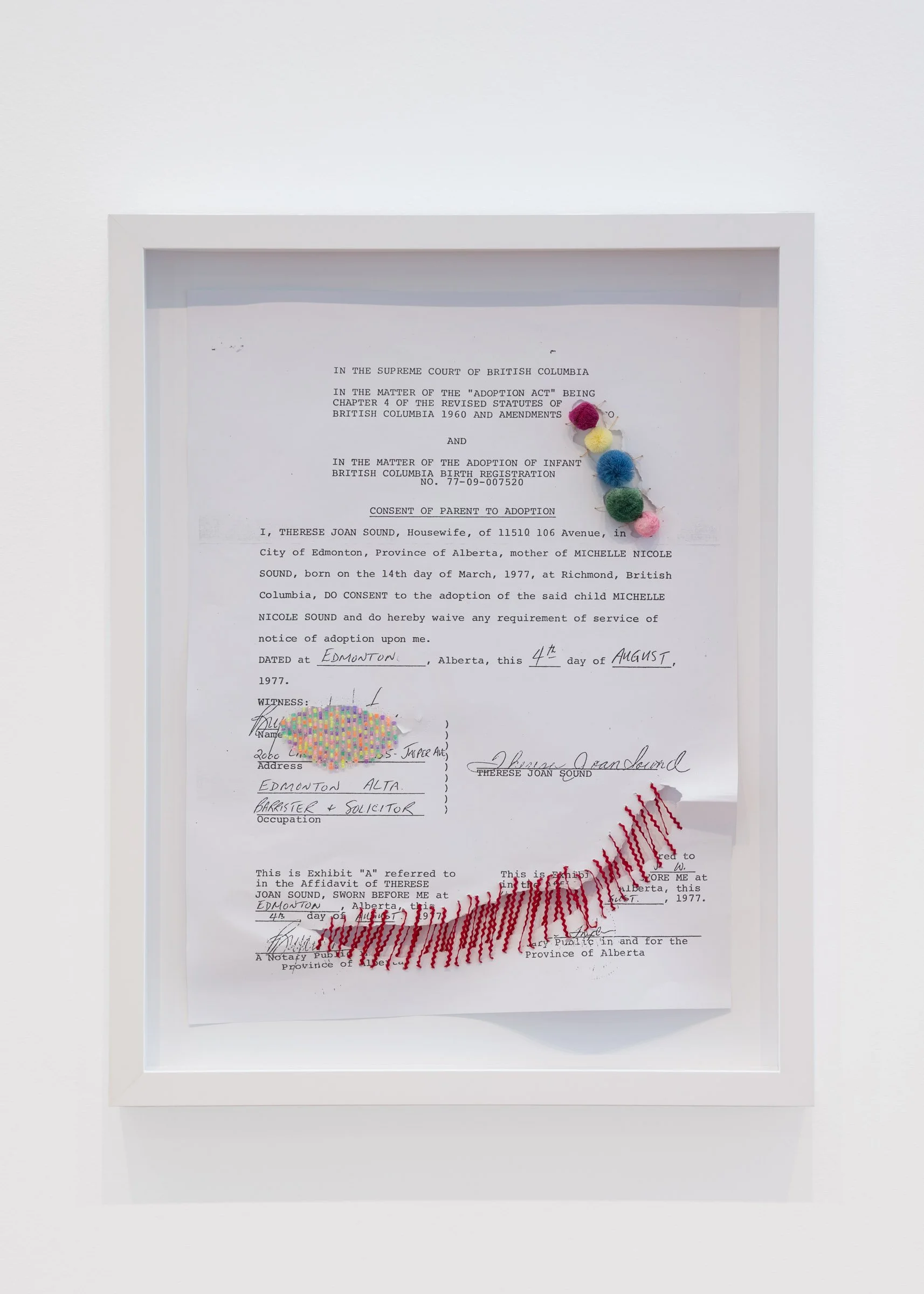 Michelle Sound, nikâwîs (little mother), 2026 (detail), embroidery thread, caribou tufts, seed beads, monochrome print on paper 25½ x 20¼ inches