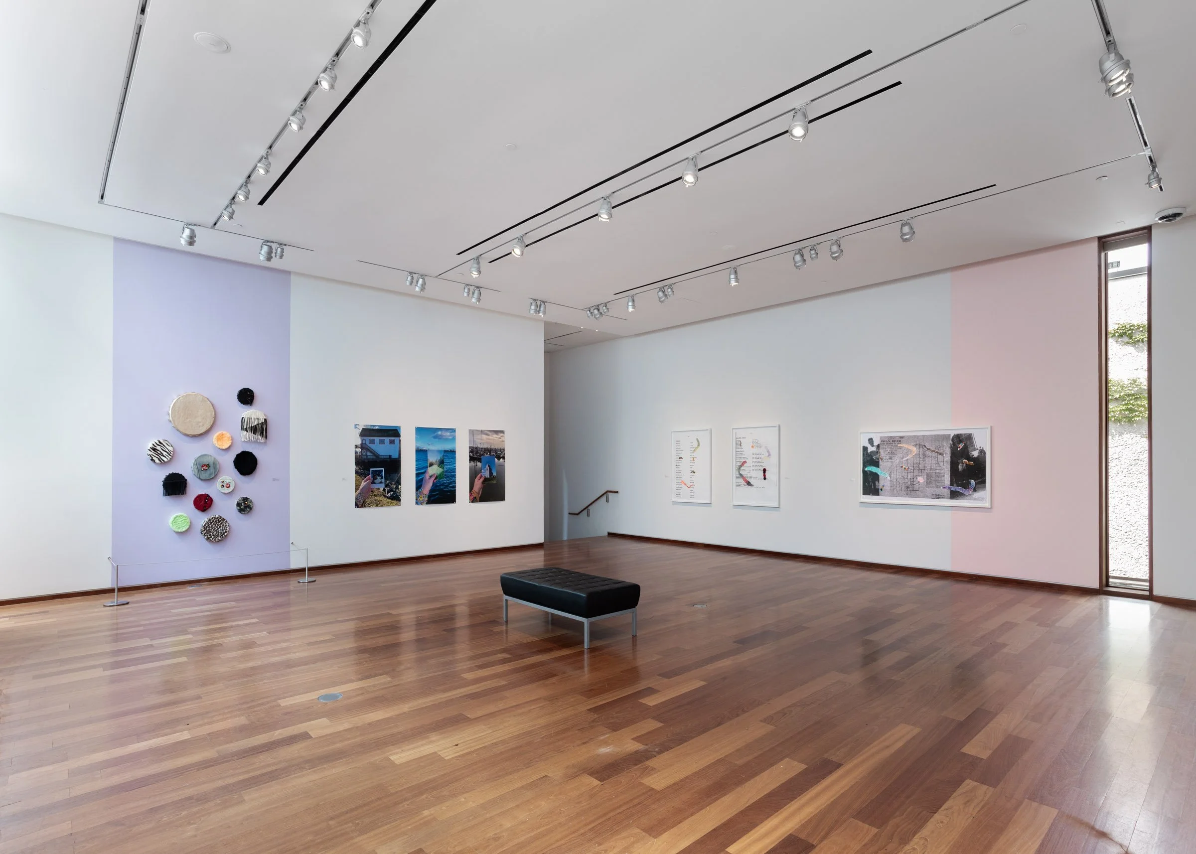 Far right: Michelle Sound, 𝑊𝑎𝑝𝑠𝑒𝑤𝑠𝑖𝑝𝑖, 2023, monochrome print on paper, embroidery thread, bugle beads, glass seed beads, caribou tufting, 6’ x 3’. Collection of the Royal Bank of Canada.