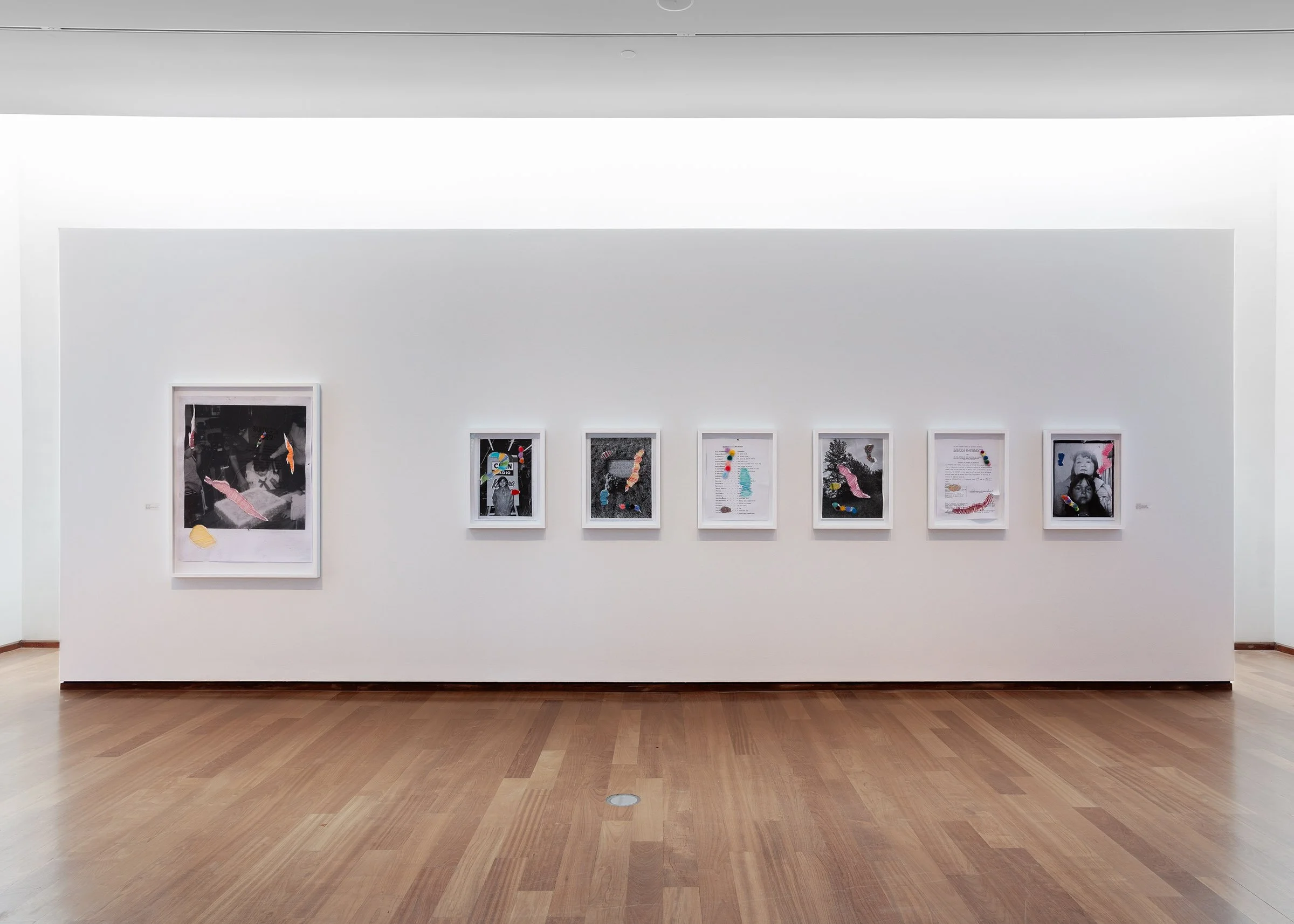 Right: nikâwîs (little mother), 2026, embroidery thread, caribou tufts, seed beads, monochrome print on paper 25½ x 20¼ inches each