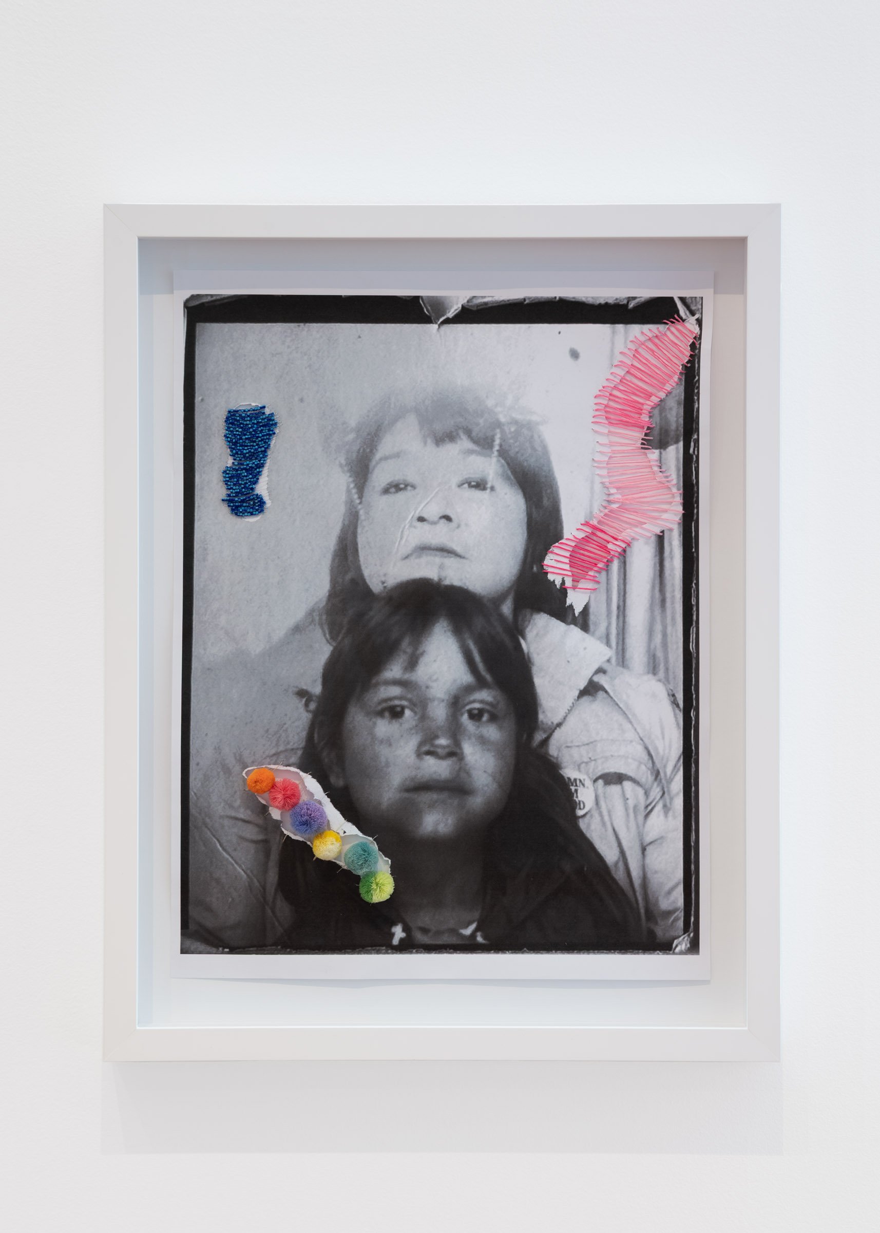 Michelle Sound, nikâwîs (little mother), 2026 (detail), embroidery thread, caribou tufts, seed beads, monochrome print on paper 25½ x 20¼ inches
