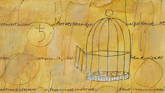 Detail of oil painting, Unbound, writing very small, about 1/16 inch high