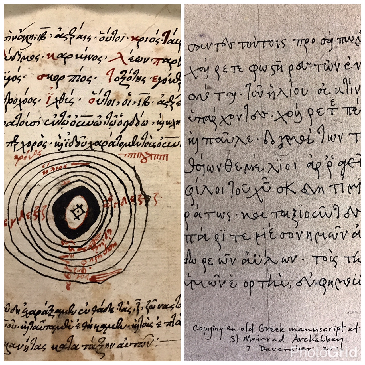 Old Greek manuscript on astronomy on the left, me copying a page from the book on right (The book is smaller than my hand).
