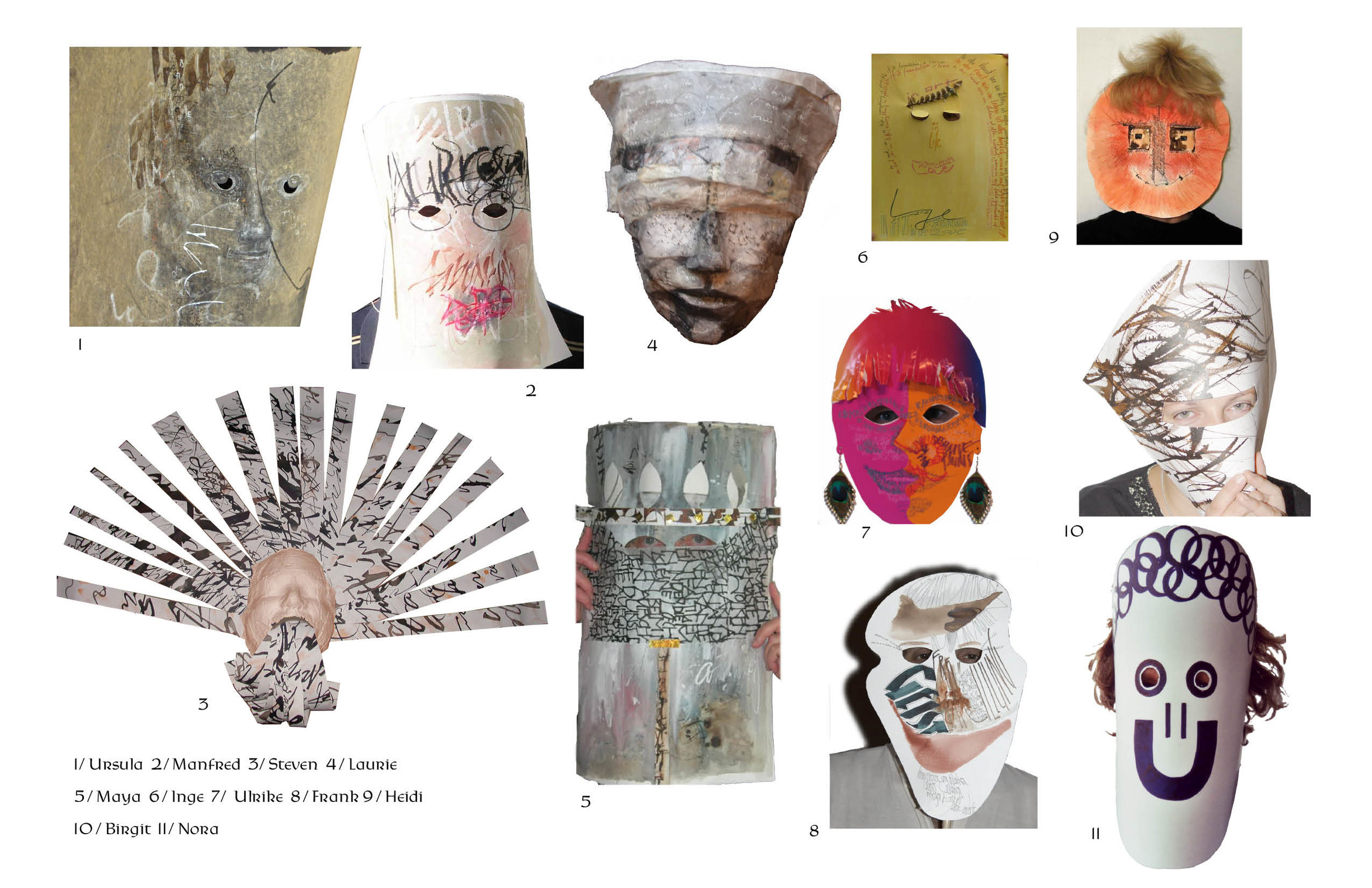 Masks from our class in Germany : Ursula Sutter, Manfred Blum, Steven Skaggs, Laurie Doctor, Maya Huber, Inge Schwartz, Frank Fath, Heidi Loosen, Birgit Nass and Nora Clormann