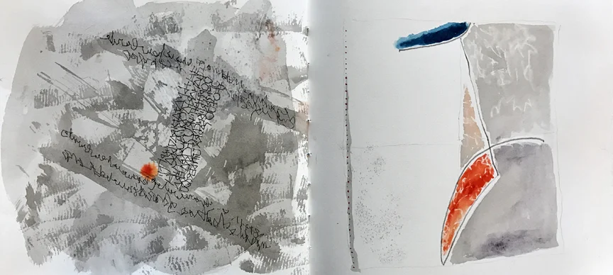Book Page, exercise in "Greek" alphabet and abstract painting, Suzy Farren