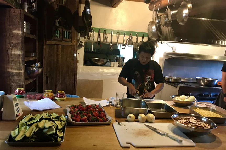 Delicious food, including fresh fruits and vegetables at Mabel Dodge Luhan kitchen.